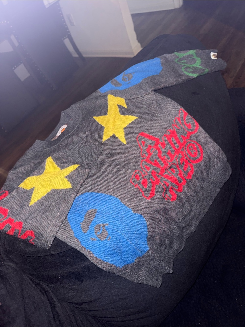 Bape Kids Grey Knit Jacket with Yellow Stars, Blue Ape Faces & Red Logo